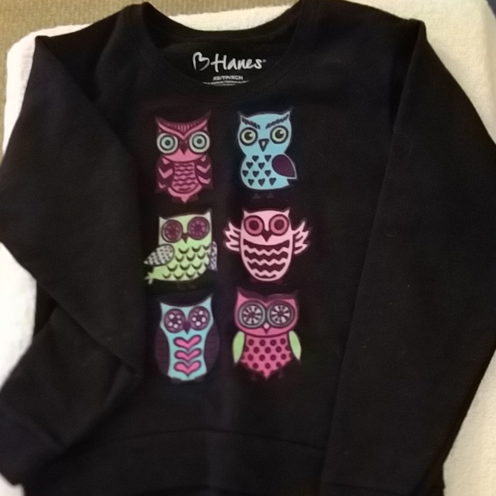 Black sweatshirt with multicolor owls